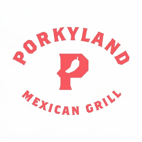 Porkyland Mexican Grill logo with red text and a chili pepper inside a letter P.