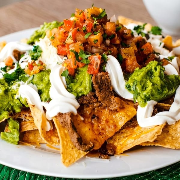 A plate of loaded nachos with steak, guacamole, sour cream, and pico de gallo.