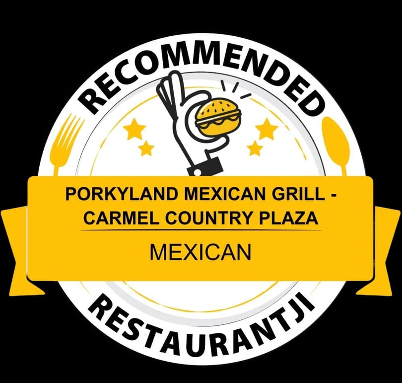 A recommended badge for Porkyland Mexican Grill, Carmel Country Plaza, a Mexican restaurant.