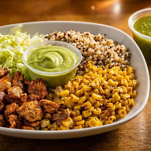 A colorful bowl with grilled chicken, corn, quinoa, shredded lettuce, and green sauce, creamy sauce.