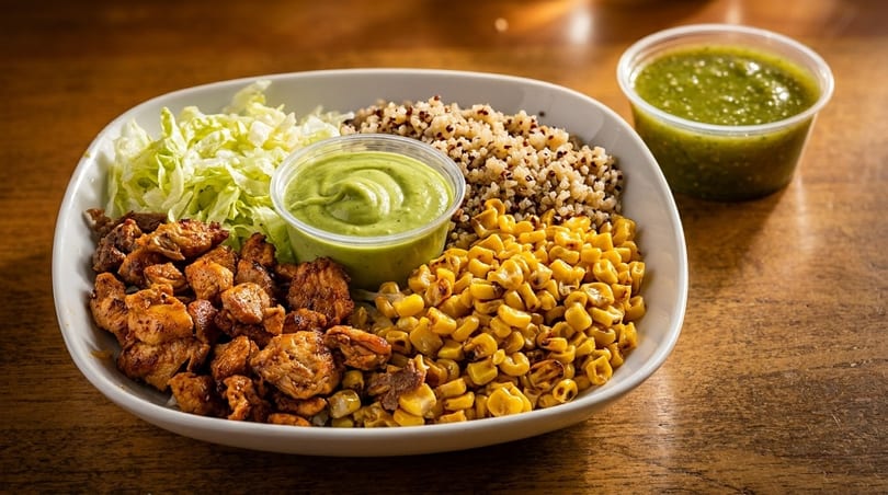 A colorful bowl with grilled chicken, corn, quinoa, shredded lettuce, and green sauce, creamy sauce.