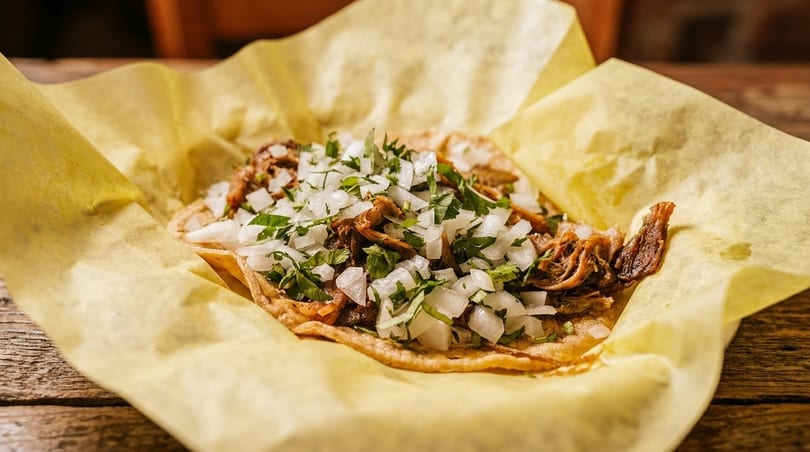 Close-up of a taco with shredded meat, diced onions, and cilantro on a yellow paper.
