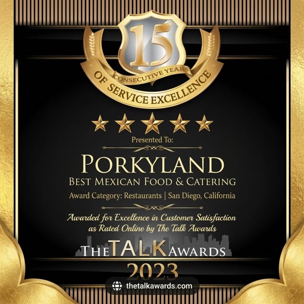 A black and gold award certificate for Porkyland, Best Mexican Food & Catering, from The Talk Awards 2023.