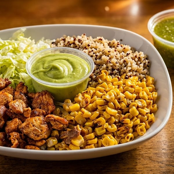 A colorful bowl with chicken, lettuce, quinoa, corn, and two green sauces on a wooden table.