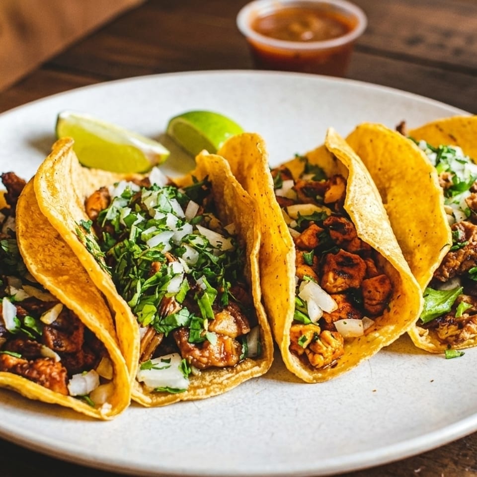 Four street tacos with meat, cilantro, and onions, served with lime wedges and salsa.