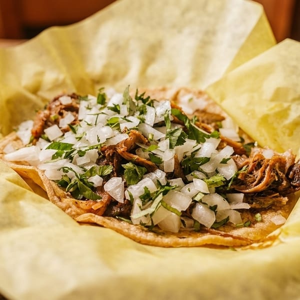Close-up of a street taco with shredded meat, diced onions, and cilantro on yellow paper.