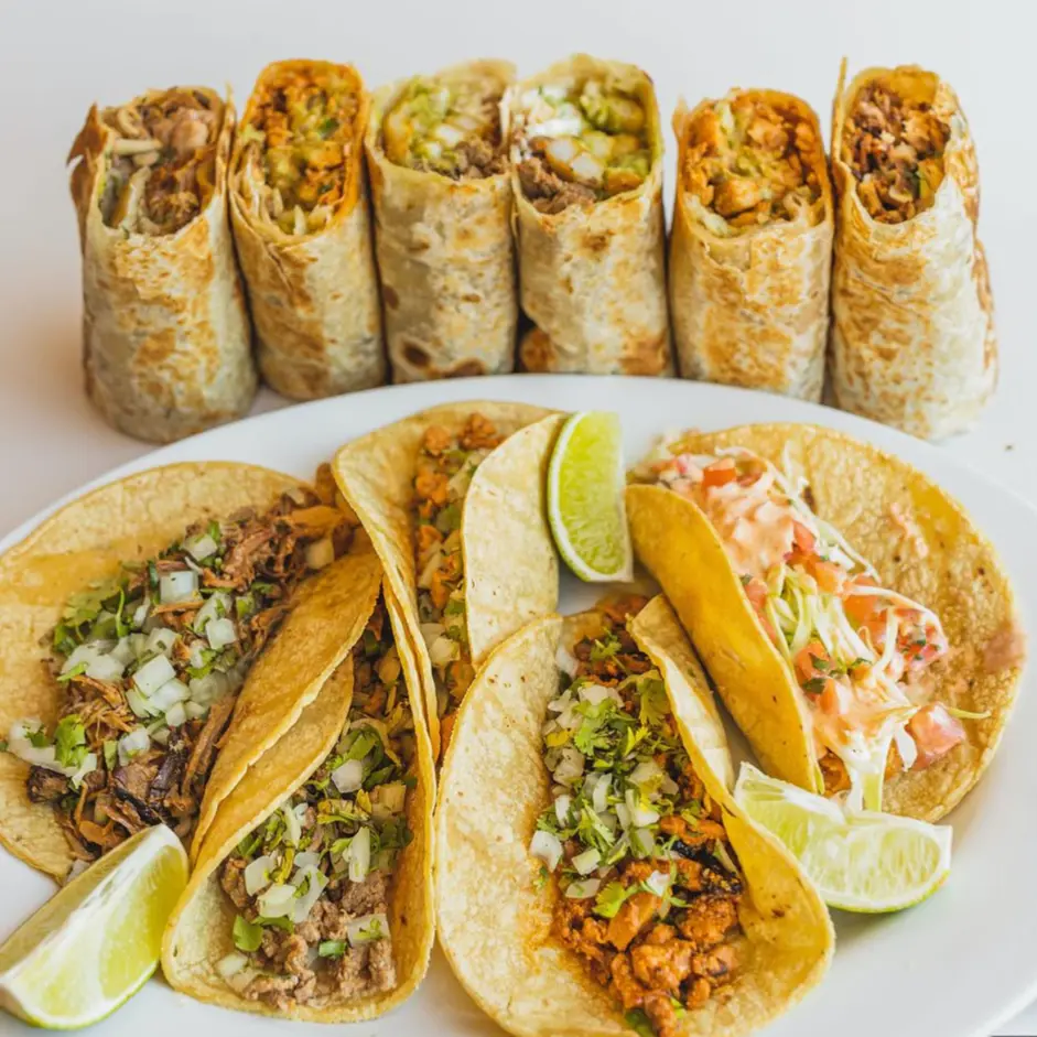 A plate of tacos and burritos. Four tacos with varied fillings like meat, onions, and cilantro, topped with two lime wedges, and four burritos cut in half.