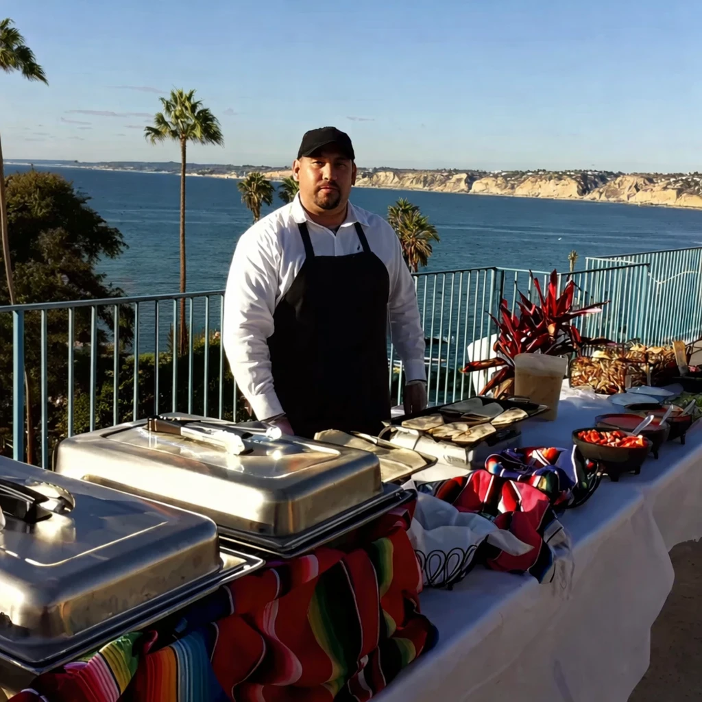 One chef in black aprons stand smiling behind a buffet of covered dishes. The ocean and palm trees form a scenic backdrop under a clear blue sky.